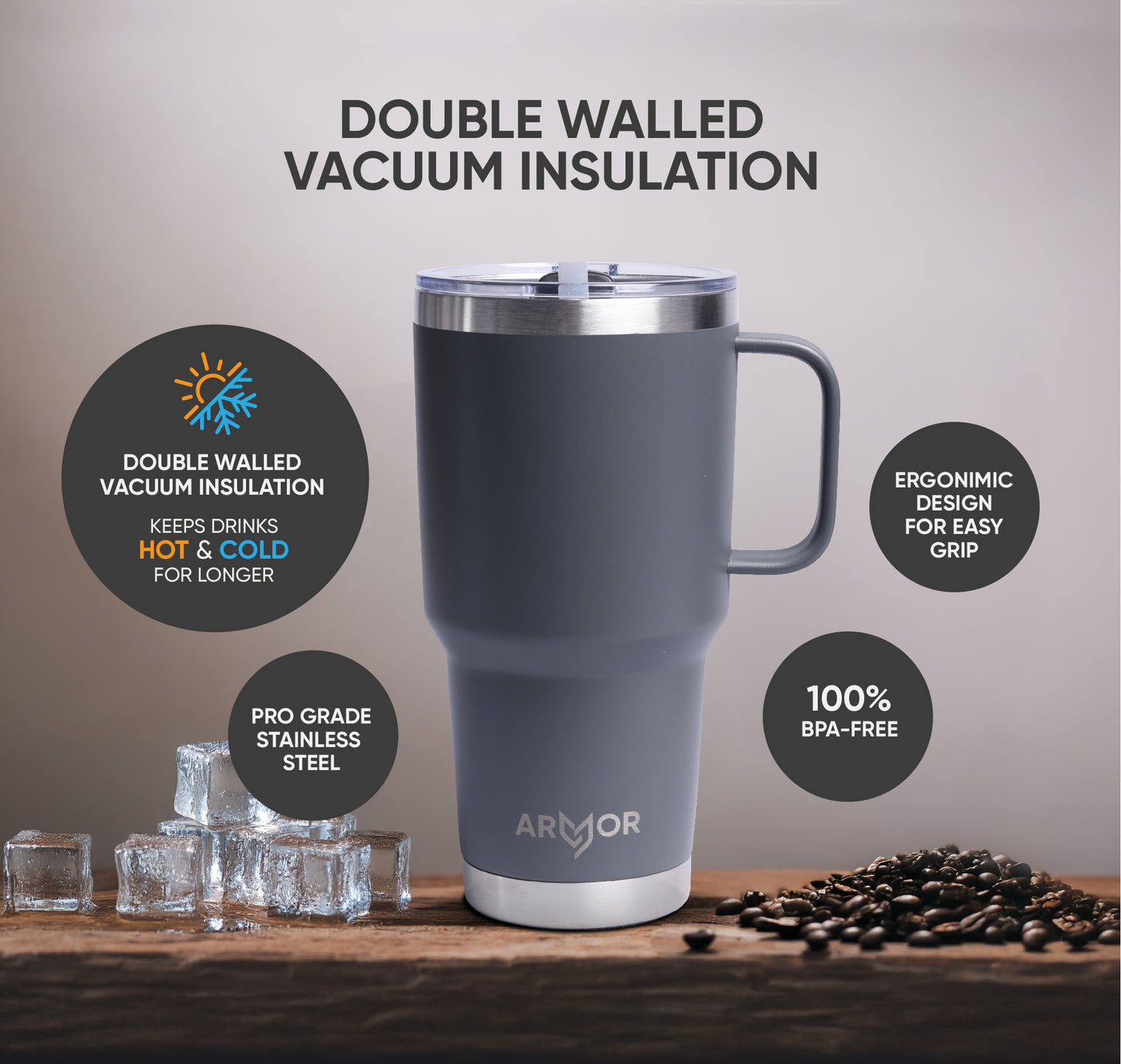 Gotham Grey 30oz / 900ml Premium Tumbler with Handle